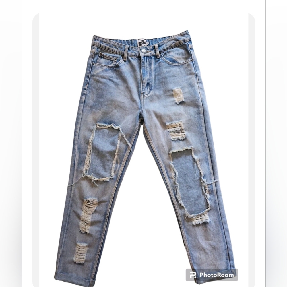 The rockn rev blue distressed cuffed bottom jean